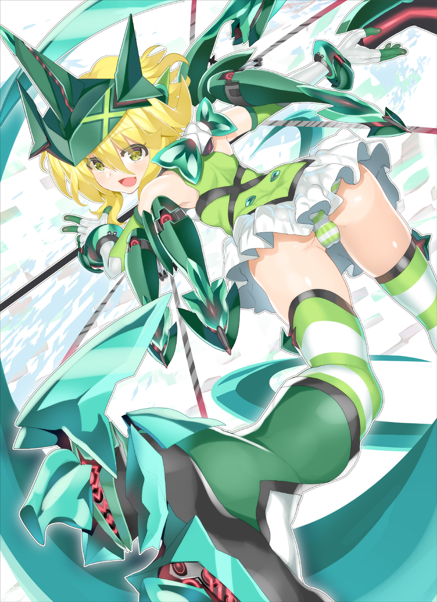 1girl akatsuki_kirika ass bare_shoulders blonde_hair blush boots bow breasts char dutch_angle elbow_gloves eyebrows_visible_through_hair from_behind gloves glowing green_eyes headgear highres holding holding_weapon leotard looking_at_viewer looking_back medium_breasts open_mouth scythe senki_zesshou_symphogear short_hair skirt smile solo striped striped_legwear thigh-highs weapon