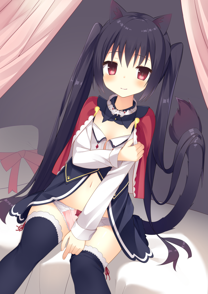 1girl animal_ears bangs bed black_hair black_legwear blush bow bow_panties canopy_bed cat_ears cat_tail cloak clothes_grab commentary_request detached_collar dutch_angle eyebrows_visible_through_hair fingernails lace lace-trimmed_thighhighs long_hair long_sleeves looking_at_viewer navel on_bed original panties pillow pink_panties pink_ribbon red_cloak red_eyes red_ribbon ribbon sidelocks sitting slit_pupils smile solo tail thigh-highs thighhighs_pull tsurime twintails underwear usagino_suzu very_long_hair