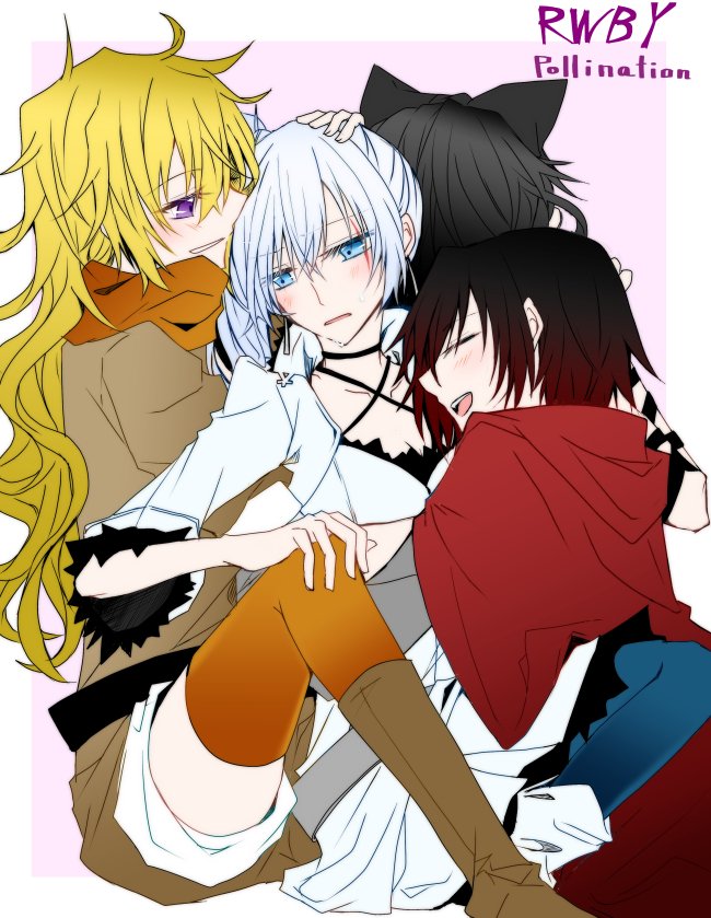 4girls black_hair blake_belladonna blonde_hair blue_eyes breasts cape cleavage commentary_request earrings english group_hug hair_ornament harem hug jewelry monokuro_(sekahate) multiple_girls redhead ruby_rose rwby scar scar_across_eye thigh-highs violet_eyes weiss_schnee white_hair yang_xiao_long yuri