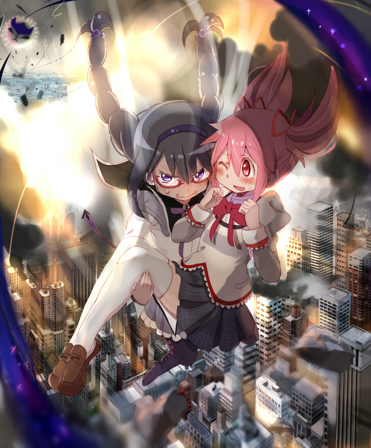 2girls akemi_homura alknasn ankle_boots argyle argyle_legwear bangs black_boots black_hair black_hairband black_legwear black_skirt blouse boots bow braid brown_blouse brown_shoes building carrying cityscape explosion eyebrows_visible_through_hair flying frilled_skirt frills full_body glasses grimace hair_bobbles hair_ornament hair_ribbon hairband kaname_madoka loafers long_hair long_sleeves looking_at_another looking_at_viewer magical_girl mahou_shoujo_madoka_magica mitakihara_school_uniform multiple_girls night one_eye_closed open_mouth pantyhose pink_eyes pink_hair plaid plaid_skirt pleated_skirt princess_carry purple_skirt red-framed_eyewear red_bow red_ribbon ribbon school_uniform semi-rimless_glasses shoes short_hair short_twintails skirt sweatdrop thigh-highs twin_braids twintails under-rim_glasses violet_eyes white_blouse white_legwear