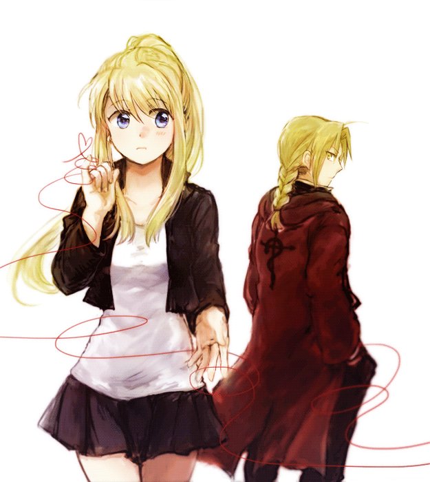 1boy 1girl blonde_hair blue_eyes braid coat edward_elric eyebrows_visible_through_hair fullmetal_alchemist hand_in_pocket heart heart_of_string jacket long_hair looking_at_another looking_back ponytail red_coat red_string serious shirt simple_background skirt string tsukuda0310 white_background white_shirt winry_rockbell