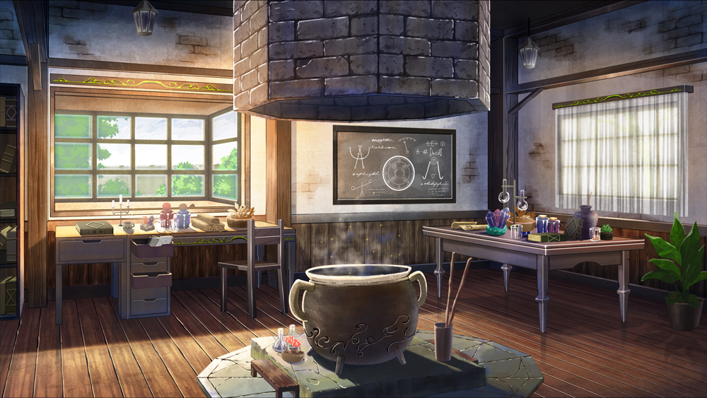 alchemy book bookshelf candle cauldron chalkboard chimney commentary_request crystal curtains day fantasy house indoors lantern naohiro no_humans plant potion potted_plant scenery steam table vial window wooden_floor