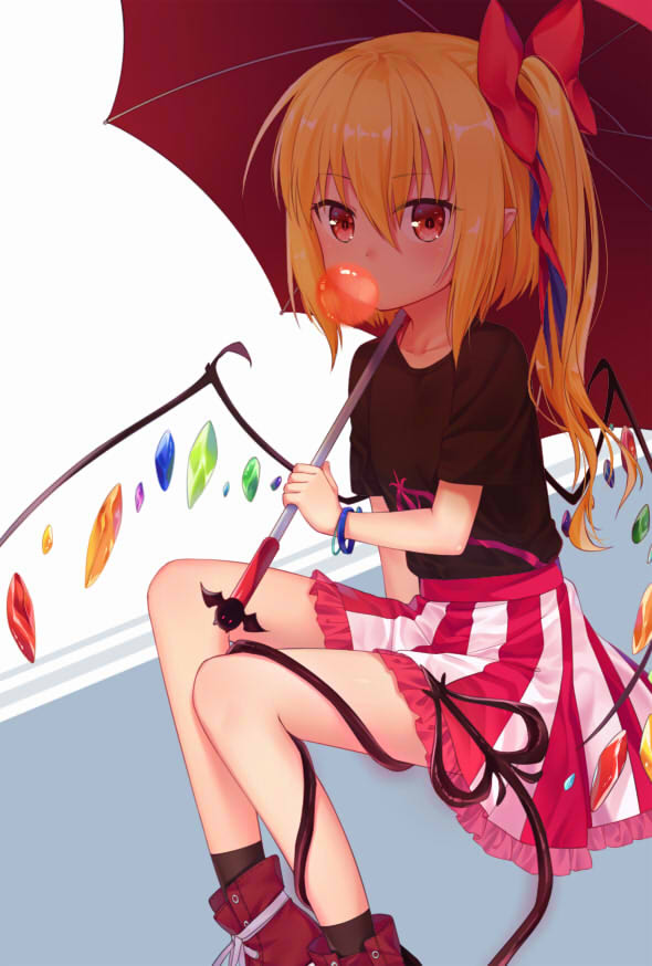 1girl bangs black_legwear black_shirt blonde_hair blush bow bracelet brown_eyes bubble_blowing eyebrows_visible_through_hair flandre_scarlet gem hair_between_eyes hair_bow holding holding_umbrella jewelry long_hair looking_at_viewer parasol pink_skirt pointy_ears red_bow red_shoes shirt shoes side_ponytail sidelocks sitting skirt sneakers socks solo striped t-shirt touhou transistor tsurime umbrella vertical-striped_skirt vertical_stripes white_skirt wings