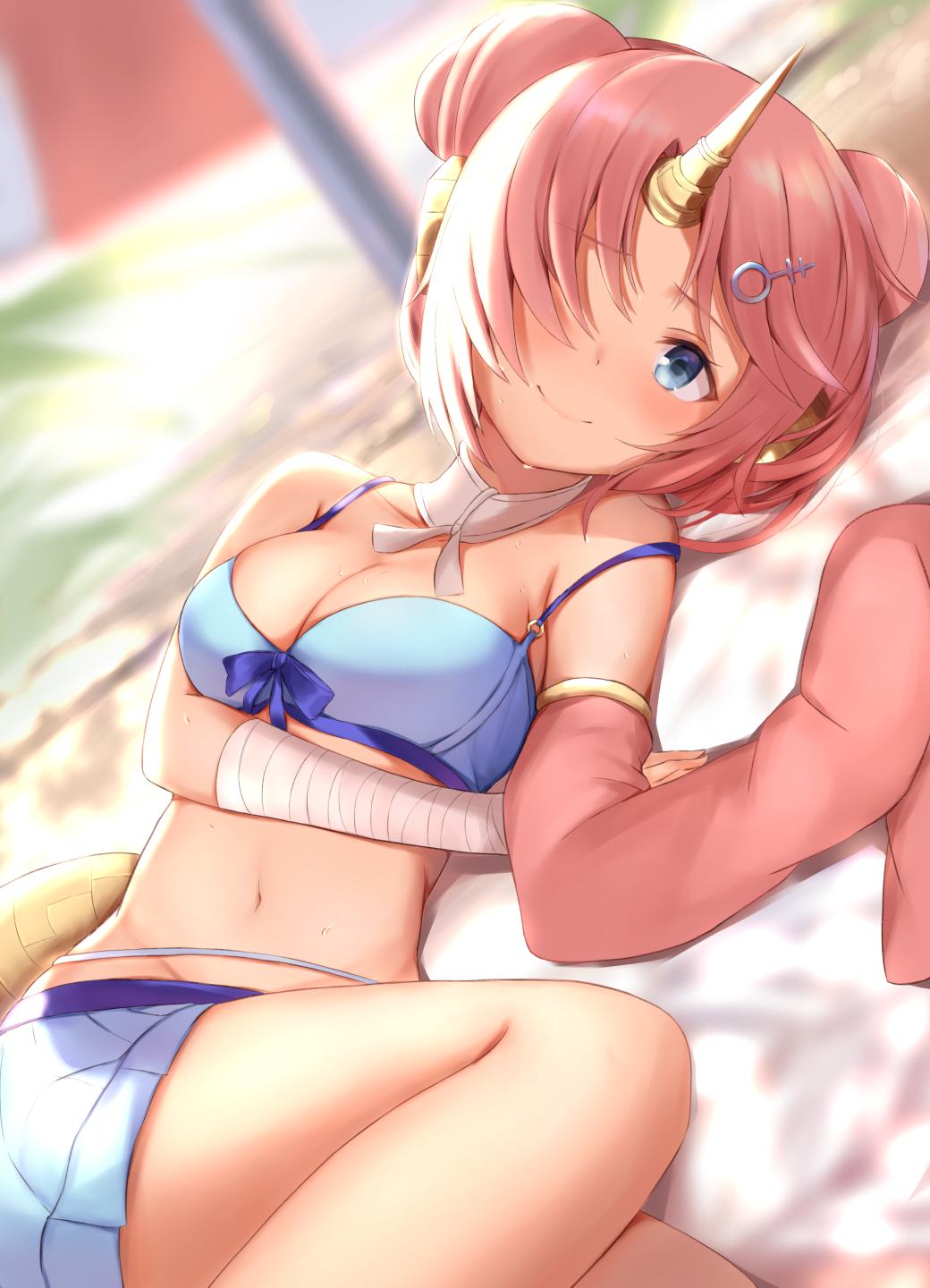 1girl bandage bandaged_arm bare_shoulders beach beach_umbrella berserker_of_black bikini bikini_skirt blue_bikini blue_bow blue_eyes blue_skirt bow bow_bikini breasts choker cleavage closed_mouth collarbone day double_bun dutch_angle eyebrows_visible_through_hair fate/apocrypha fate_(series) frankenstein's_monster_(swimsuit_saber)_(fate) groin hair_ornament hair_over_one_eye hairclip headgear highres horn long_sleeves lying maosame medium_breasts miniskirt navel on_back one_eye_covered outdoors pink_hair pleated_skirt single_detached_sleeve skirt sleeves_past_wrists small_breasts smile solo stomach sweat swimsuit umbrella upper_body white_choker