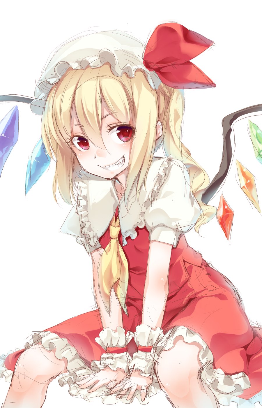 1girl ascot bangs between_legs blonde_hair blush bow eyebrows_visible_through_hair flandre_scarlet hair_between_eyes hand_between_legs hat hat_bow highres looking_at_viewer mob_cap puffy_short_sleeves puffy_sleeves red_bow red_eyes red_skirt short_sleeves side_ponytail simple_background sitting skirt skirt_set smile solo touhou usotsuki_penta white_background white_hat