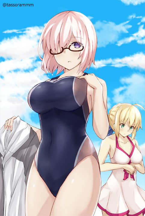 2girls artoria_pendragon_(all) artoria_pendragon_(all)_(cosplay) black_swimsuit bow clouds competition_swimsuit cosplay costume_switch cowboy_shot dress_swimsuit fate/grand_order fate/stay_night fate_(series) glasses hair_over_one_eye looking_at_viewer multiple_girls one-piece_swimsuit pink_bow purple_hair saber saber_(cosplay) shielder_(fate/grand_order) shielder_(fate/grand_order)_(cosplay) short_hair sky swimsuit swimsuit_of_perpetual_summer tasora twitter_username violet_eyes white_swimsuit