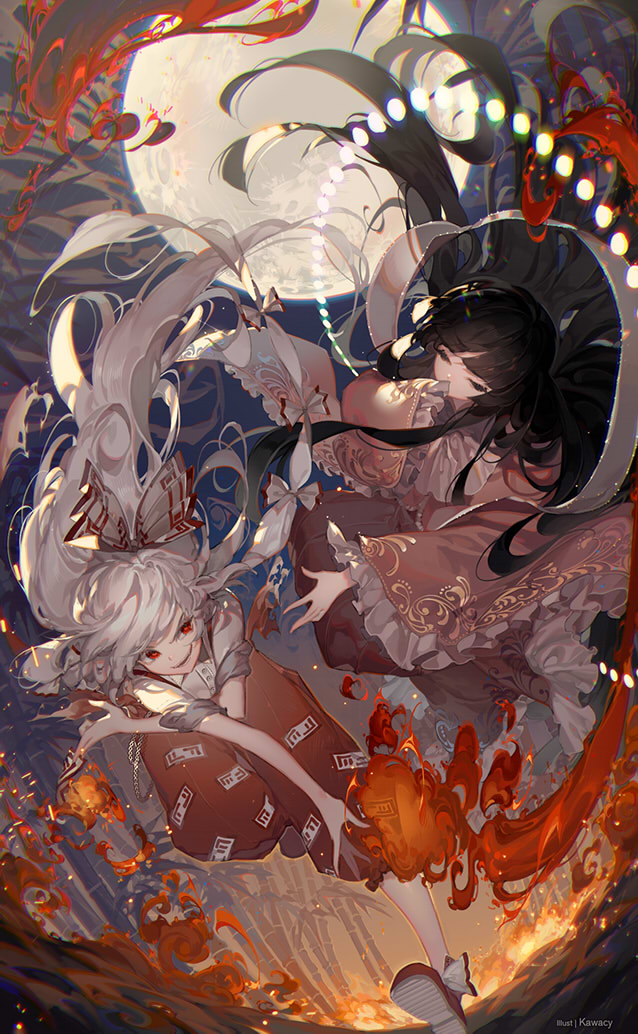 2girls artist_name bamboo bamboo_forest black_eyes black_hair bow burning closed_eyes commentary covering_mouth danmaku fire forest fujiwara_no_mokou full_moon hair_bow hand_over_own_mouth hime_cut houraisan_kaguya japanese_clothes kawacy kimono long_hair moon multiple_girls nature ofuda outdoors pants red_eyes running sleeves_rolled_up smirk torn_clothes touhou very_long_hair white_hair wide_sleeves