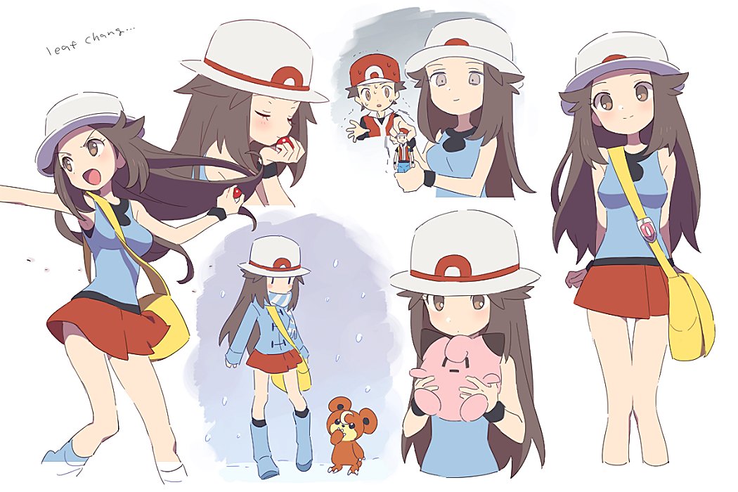 1boy 1girl blue_(pokemon) blush hat long_hair pokemon pokemon_(creature) pokemon_(game) pokemon_frlg red_(pokemon) red_skirt shirt simple_background skirt sleeveless sleeveless_shirt smile solo_focus sun_hat white_background