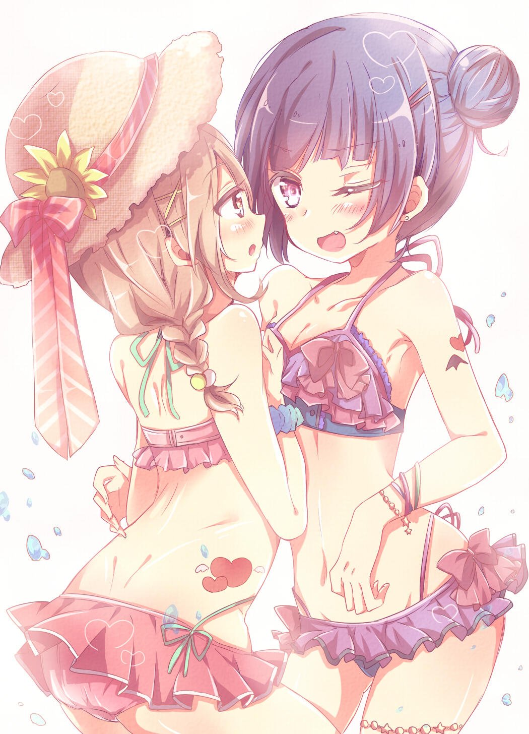 2girls :o ;d alternate_hairstyle back_tattoo bangs bikini bikini_skirt blue_hair blue_scrunchie blush bow braid brown_eyes brown_hair face-to-face fang flower frilled_bikini frills hair_bobbles hair_ornament hair_up hairpin halterneck hand_on_own_chest hat hat_flower hat_ribbon heart_tattoo highres koron_(nekomeron) kunikida_hanamaru long_hair love_live! love_live!_sunshine!! multiple_girls one_eye_closed open_mouth pink_bikini pink_bow purple_bikini ribbon scrunchie side_bun smile straw_hat striped striped_ribbon sun_hat sunflower swimsuit tattoo thighlet tsushima_yoshiko violet_eyes water_drop wrist_scrunchie x_hair_ornament