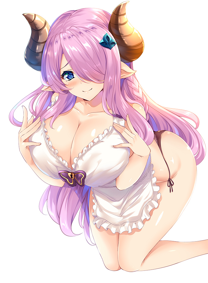 1girl apron black_panties blue_eyes blush braid breasts cleavage closed_mouth collarbone doraf granblue_fantasy hair_ornament hair_over_one_eye hinata_sora horns huge_breasts lavender_hair leaning_forward long_hair looking_at_viewer narumeia_(granblue_fantasy) nearly_naked_apron panties pointy_ears side_braid simple_background smile solo underwear very_long_hair white_apron white_background