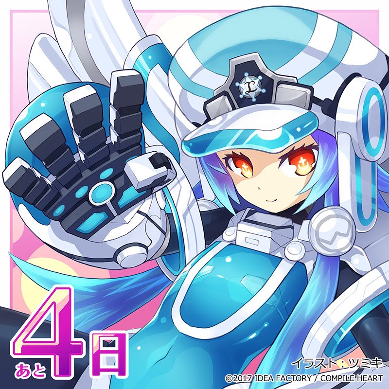 1girl 4 blue_hair bodysuit cabbie_hat gauntlets hair_ornament hat looking_at_viewer neptune_(series) next_white number official_art power_symbol red_eyes shin_jigen_game_neptune_vii short_hair_with_long_locks sidelocks symbol-shaped_pupils white_heart wings