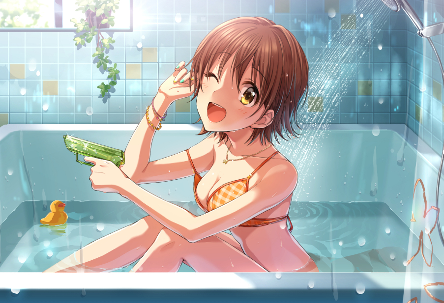 1girl bathroom bathtub bikini breasts brown_eyes brown_hair cleavage honda_mio idolmaster idolmaster_cinderella_girls medium_breasts one_eye_closed open_mouth partially_submerged rubber_duck short_hair smile solo swimsuit tile_wall tiles water water_gun zattape