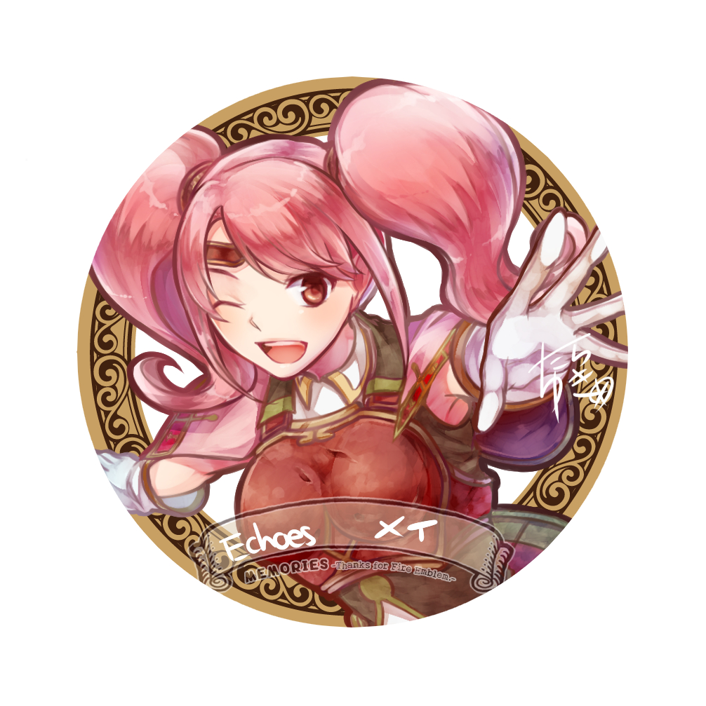 1girl breastplate circlet copyright_name fire_emblem fire_emblem_echoes:_mou_hitori_no_eiyuuou gloves long_hair mae_(fire_emblem) one_eye_closed open_mouth pink_hair red_eyes simple_background solo teeth twintails white_background yukimiyuki
