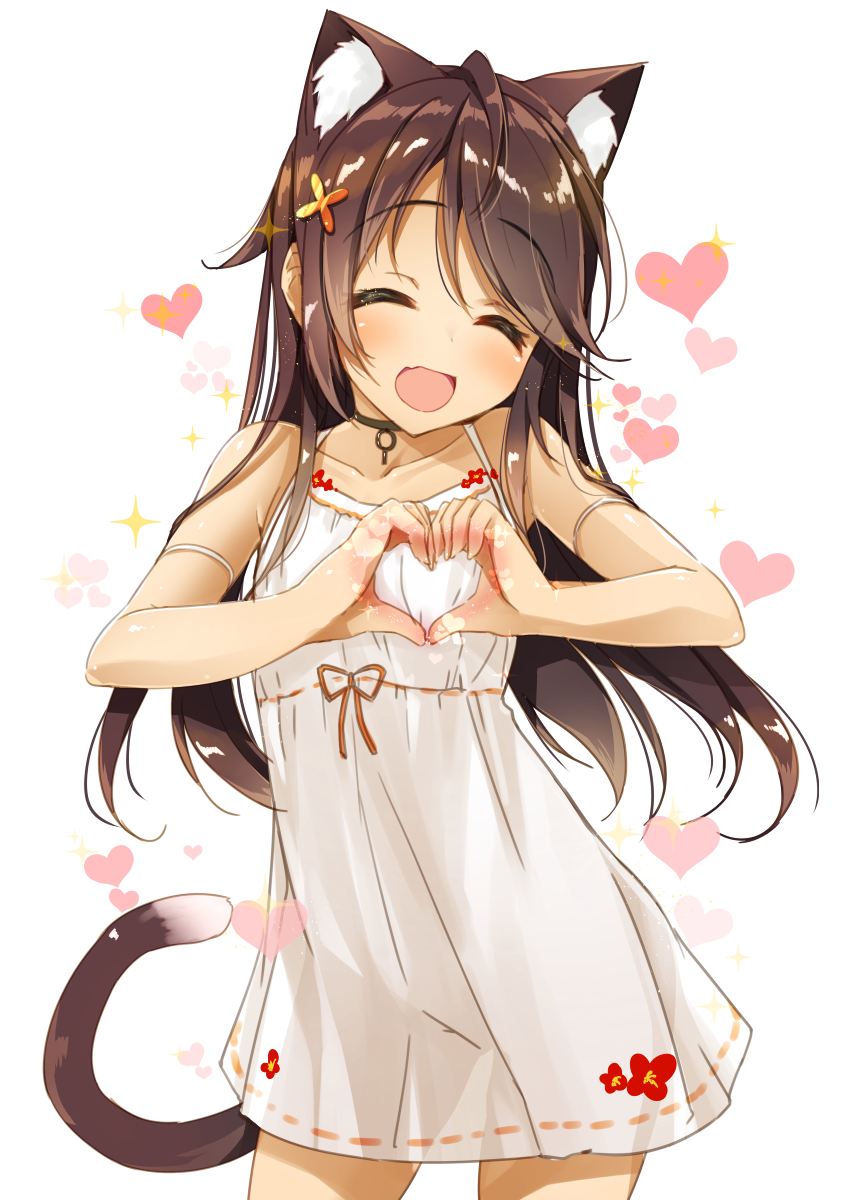 1girl ^_^ animal_ears blush breasts brown_hair cat_ears cat_girl cat_tail choker closed_eyes cowboy_shot dress fang garter_belt hair_ornament heart heart-shaped_boob_challenge heart_hands highres long_hair looking_at_viewer open_mouth original see-through simple_background small_breasts smile solo tail thigh-highs white_background white_dress white_legwear yanagi_yuu you're_doing_it_wrong