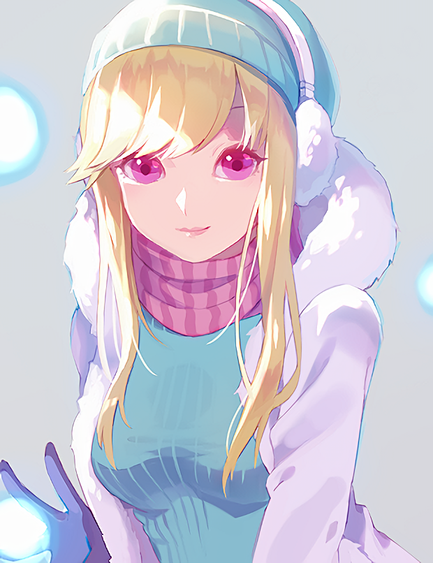 bangs beanie blonde_hair breasts coat earmuffs gloves hat league_of_legends lipstick long_hair makeup pink_lipstick scarf smile snow_day_syndra sweater swept_bangs syndra uso_(ameuzaki) v violet_eyes winter_clothes winter_coat