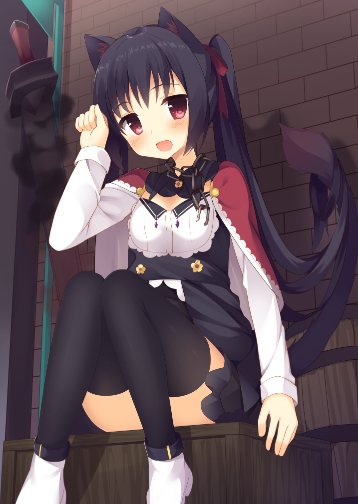 1girl :d animal_ears bangs barrel black_hair black_legwear black_skirt blush brick_wall cat_ears cat_tail chains cloak commentary_request convenient_leg crate detached_collar eyebrows_visible_through_hair frilled_skirt frills hair_ribbon long_hair long_sleeves looking_at_viewer open_mouth original paw_pose red_cloak red_eyes red_ribbon ribbon shirt shoes sitting skirt smile smoke solo sword tail tareme thigh-highs underbust usagino_suzu very_long_hair weapon white_shirt white_shoes