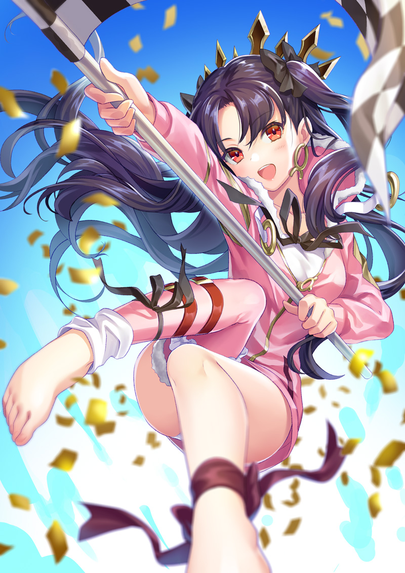 1girl ankle_ribbon bangs barefoot black_bow black_ribbon blush bow brown_hair checkered checkered_flag collarbone confetti crown earrings fate/grand_order fate_(series) feet flag fur-trimmed_jacket fur-trimmed_legwear fur_trim geroro hair_bow hips hood hoodie hoop_earrings ishtar_(fate/grand_order) ishtar_(swimsuit_rider)_(fate) jacket jewelry legband legs long_hair looking_at_viewer open_mouth outdoors pink_jacket pink_legwear red_eyes ribbon single_thighhigh smile solo thigh-highs thighs toes tohsaka_rin twintails