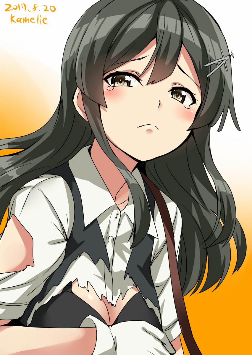1girl artist_name bangs black_bra black_hair blush bra breasts brown_eyes buttons cleavage closed_mouth collared_shirt commentary_request covering covering_breasts dated eyebrows_visible_through_hair frown gloves gradient gradient_background hair_between_eyes hair_ornament hairclip highres kamelie kantai_collection long_hair looking_at_viewer medium_breasts multicolored multicolored_background oyashio_(kantai_collection) shirt short_sleeves sidelocks solo strap tears torn_clothes torn_shirt torn_vest two-tone_background underwear upper_body white_gloves white_shirt