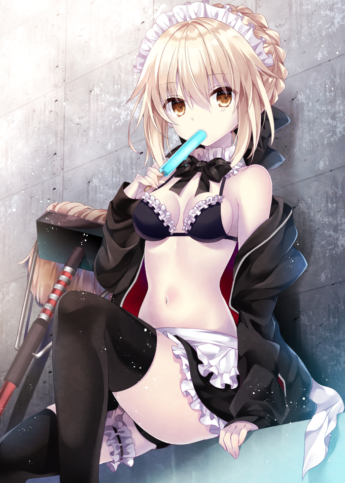 1girl apron artoria_pendragon_(all) artoria_pendragon_(swimsuit_rider_alter)_(fate) bangs bikini black_bikini black_legwear black_panties black_ribbon blonde_hair braid breasts brown_eyes closed_mouth collar eyebrows_visible_through_hair fate/grand_order fate_(series) food french_braid frilled_apron frilled_collar frills garters hair_between_eyes hair_ribbon hood hoodie knee_up leg_garter looking_at_viewer maid maid_bikini medium_breasts midriff mop navel nogi_takayoshi open_clothes open_hoodie pantyshot popsicle ribbon saber_alter sexually_suggestive sidelocks sitting solo swimsuit thigh-highs tsurime waist_apron
