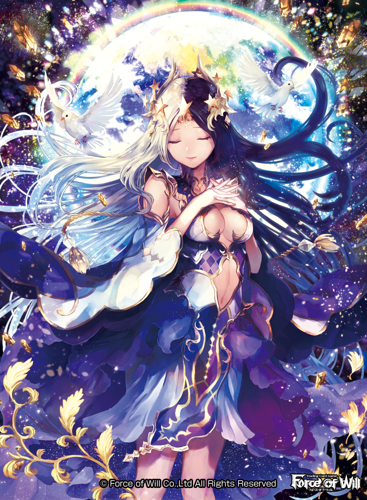 1girl bird black_hair center_opening closed_eyes copyright_name crystal force_of_will gem long_hair lumia_(force_of_will) multicolored_hair natsuiro_xx navel official_art planet solo sparkle star tiara two-tone_hair white_hair