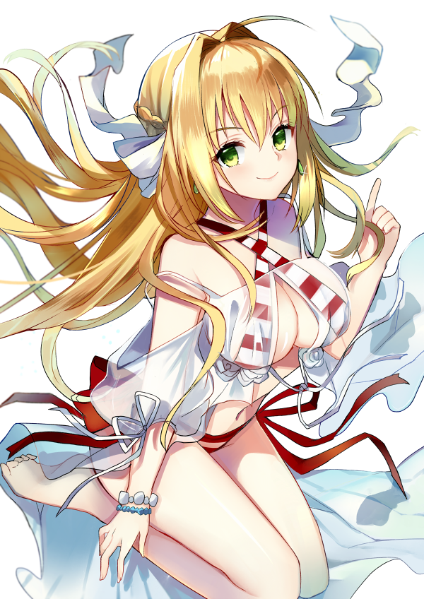 1girl :d ahoge arm_at_side bangs bare_shoulders barefoot bikini blonde_hair braid breasts cleavage closed_mouth criss-cross_halter day dress earrings eyebrows_visible_through_hair fate/grand_order fate_(series) fingernails floating_hair french_braid gown green_eyes groin hair_bun hair_intakes hair_ornament halter_top halterneck hand_up index_finger_raised jewelry knees_up large_breasts legs_together long_fingernails long_hair looking_at_viewer medium_breasts navel nero_claudius_(swimsuit_caster)_(fate) ocean off_shoulder open_mouth pointing red_bikini ry_thae saber_extra short_sleeves shoulder_cutout side-tie_bikini sidelocks simple_background smile solo strap_slip striped striped_bikini swimsuit twintails very_long_hair white_background white_bikini