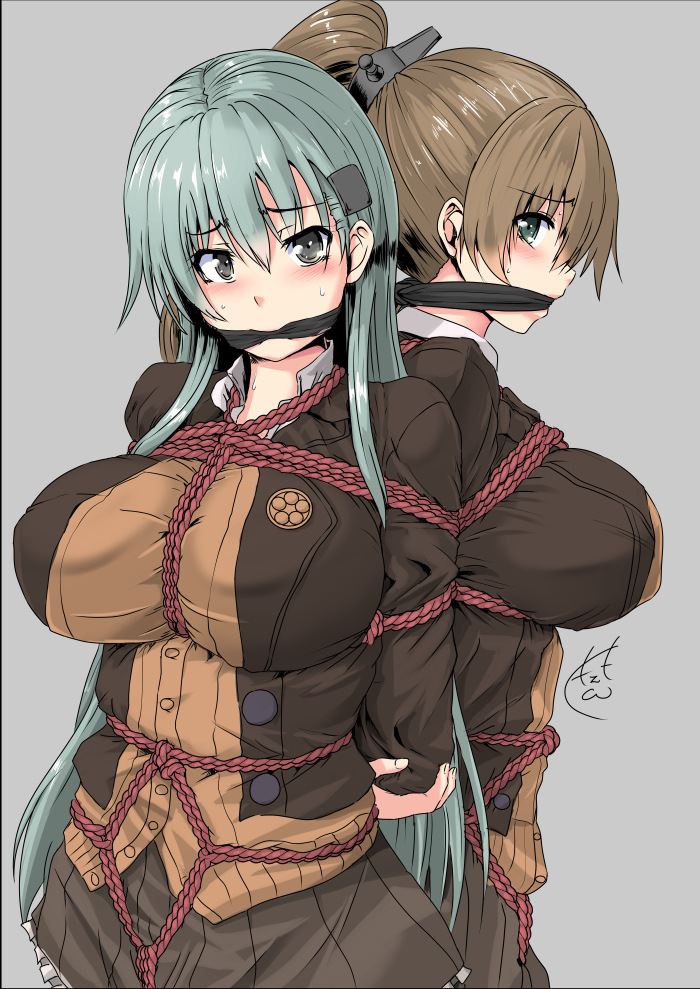 2girls bdsm blush bondage bound breasts brown_hair gag gagged green_eyes green_hair hair_ornament hairclip kantai_collection kumano_(kantai_collection) long_hair looking_at_viewer multiple_girls nokishita_kumoemon ponytail remodel_(kantai_collection) school_uniform skirt suzuya_(kantai_collection) sweat uniform