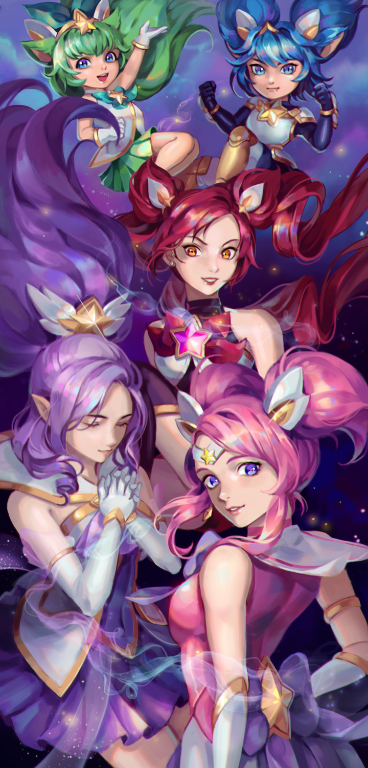 5girls bare_shoulders blue_eyes blue_hair closed_eyes clouds elbow_gloves gloves green_hair hair_ornament highres janna_windforce jinx_(league_of_legends) league_of_legends lips long_hair looking_at_viewer looking_back lulu_(league_of_legends) luxanna_crownguard magical_girl multiple_girls orange_eyes ponytail poppy praying purple_hair school_uniform serafuku sky sleeveless smile star_(sky) star_guardian_janna star_guardian_jinx star_guardian_lulu star_guardian_lux star_guardian_poppy starry_sky tenka twintails yordle