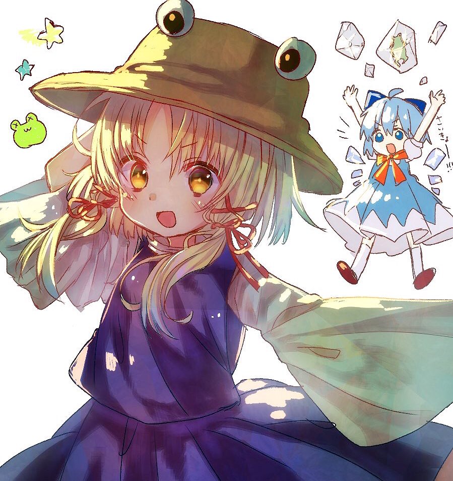 2girls ahoge arms_up bangs blonde_hair blue_eyes blue_hair bow brown_hat cirno frog frozen_frog hair_bow hair_ribbon hat ice ice_wings long_sleeves looking_at_viewer moriya_suwako multiple_girls open_mouth peipei puffy_short_sleeves puffy_sleeves purple_skirt red_ribbon ribbon short_sleeves simple_background skirt skirt_set smile star touhou tress_ribbon vest white_background wide_sleeves wings yellow_eyes
