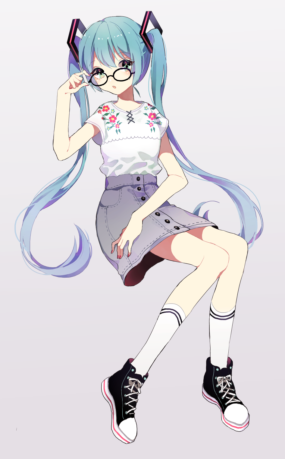 1girl adjusting_glasses aqua_hair bespectacled full_body glasses green_eyes hatsune_miku highres long_hair looking_at_viewer sitting skirt socks solo sulfur_(1453rk) twintails very_long_hair vocaloid
