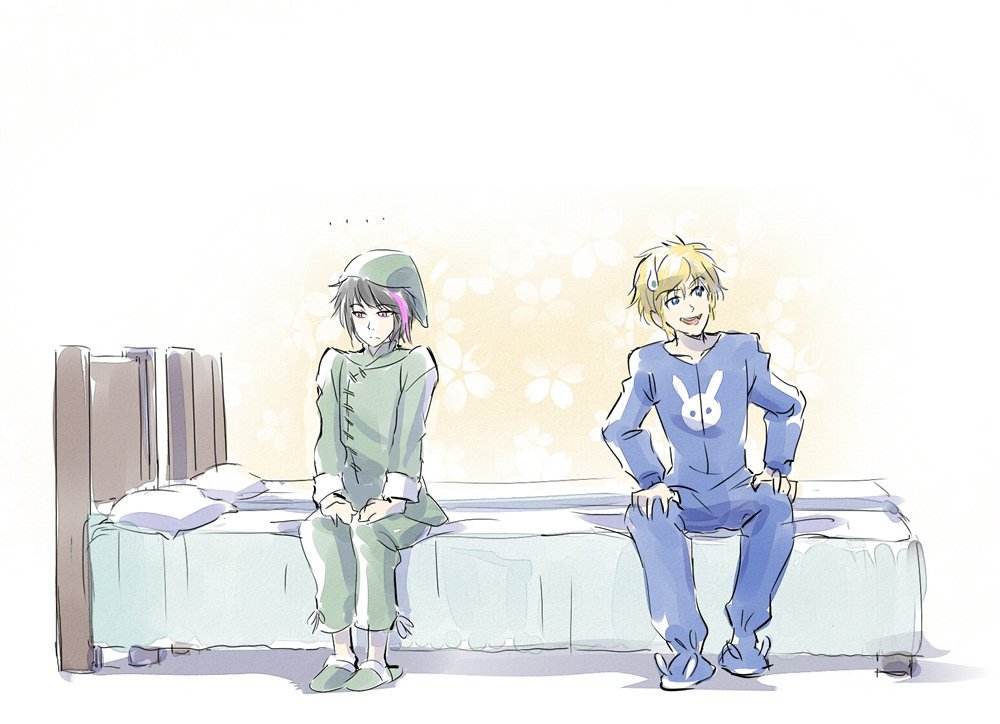 2boys awkward bed black_hair blonde_hair blue_eyes iesupa jaune_arc lie_ren multiple_boys onesie pajamas pillow rwby sleepover sweatdrop