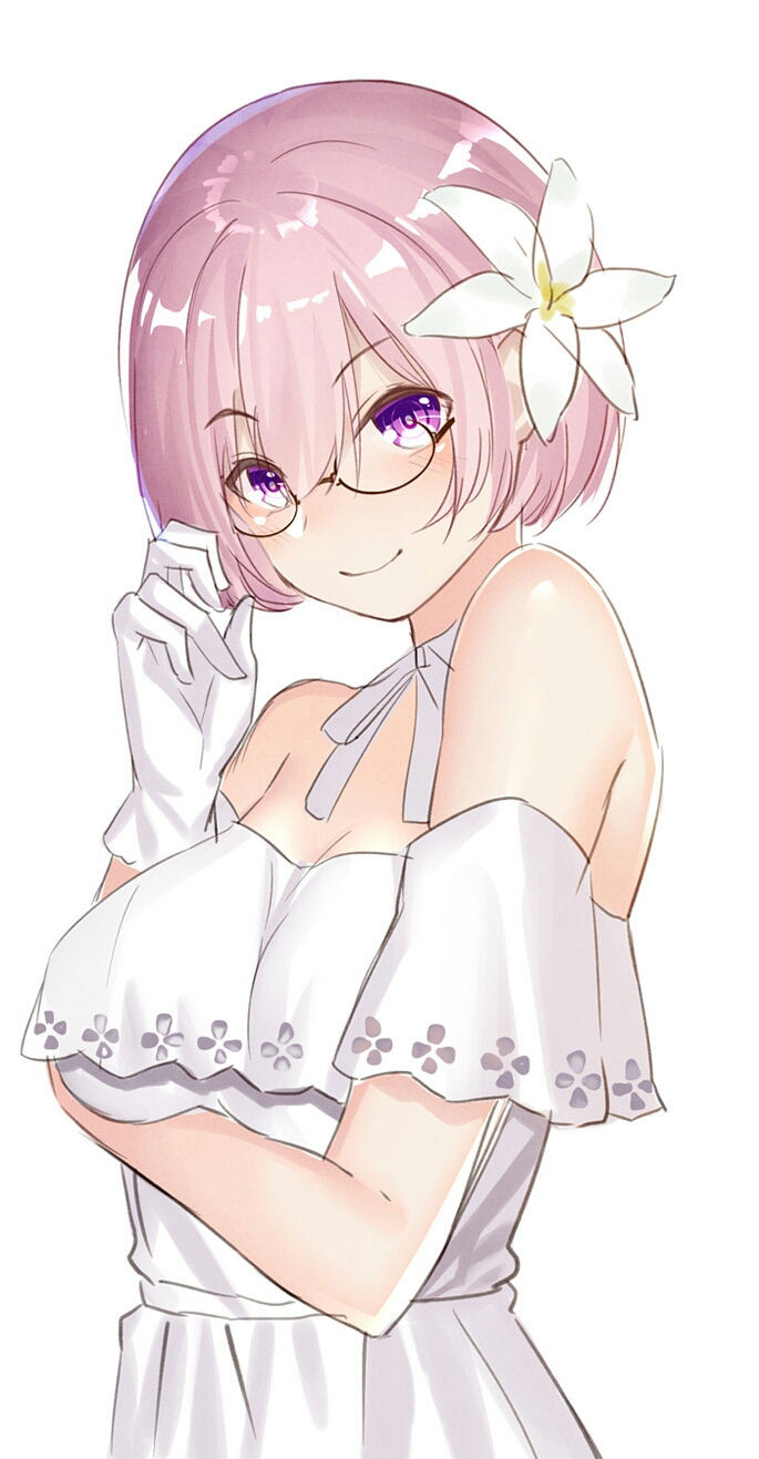 1girl bangs bare_shoulders black-framed_eyewear breast_hold breasts choker closed_mouth dress ellenprince181 eyebrows_visible_through_hair fate/grand_order fate_(series) flower glasses gloves hair_between_eyes hair_flower hair_ornament hand_on_glasses hand_up highres lily_(flower) looking_at_viewer medium_breasts purple_hair ribbon ribbon_choker semi-rimless_glasses shielder_(fate/grand_order) short_hair simple_background smile solo strapless strapless_dress under-rim_glasses upper_body violet_eyes white_background white_choker white_dress white_gloves white_ribbon