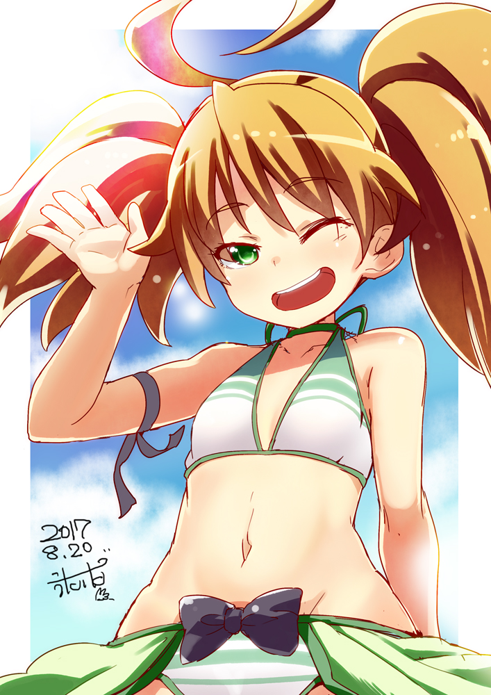 1girl ;d ahoge arm_at_side armband bikini blue_sky brown_hair dated day dina_(sennen_sensou_aigis) flat_chest green_eyes groin hand_up huge_ahoge looking_at_viewer midriff navel one_eye_closed open_mouth outdoors sennen_sensou_aigis sky smile solo standing striped striped_bikini swimsuit twintails yuu-yuu