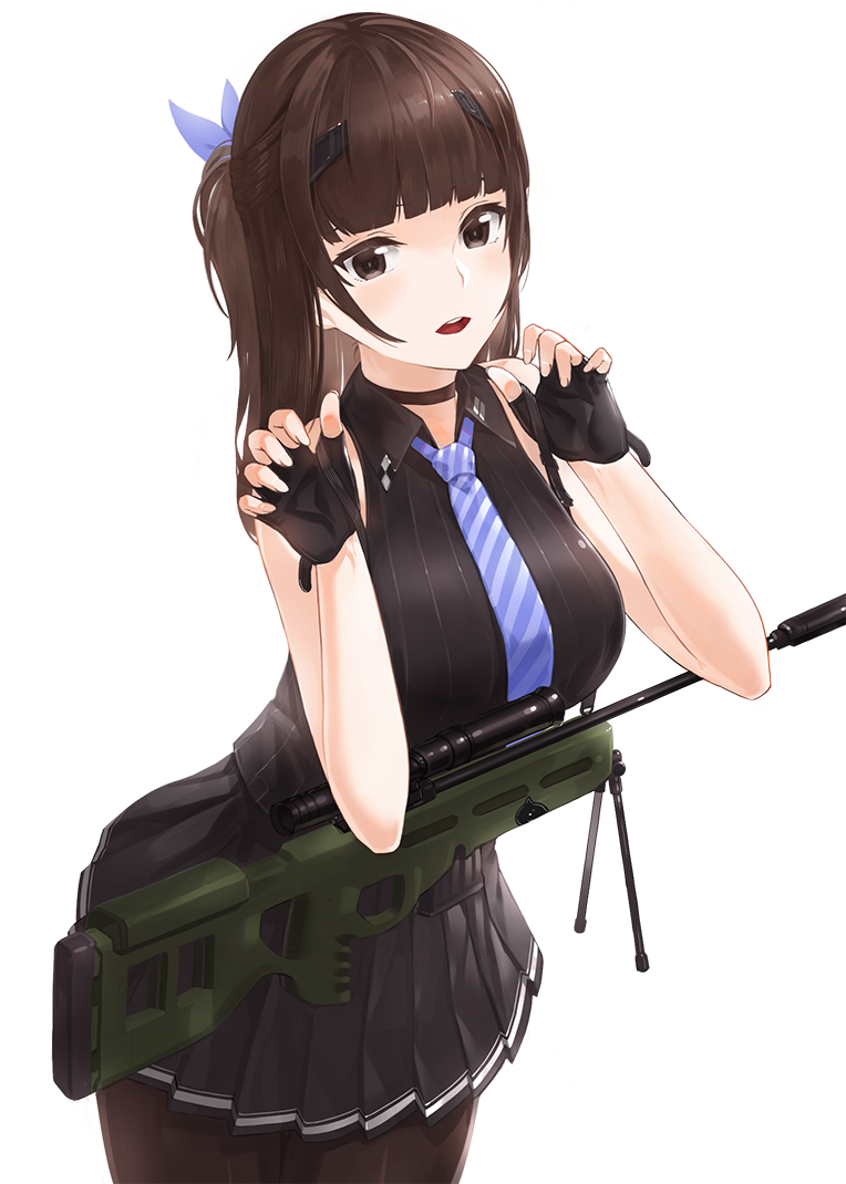 1girl bangs blunt_bangs brown_eyes brown_hair choker fingerless_gloves gloves gun hair_ribbon kfr long_hair looking_at_viewer necktie open_mouth original pantyhose pleated_skirt ponytail psg-1 ribbon rifle scope skirt sleeveless sniper_rifle solo weapon white_background