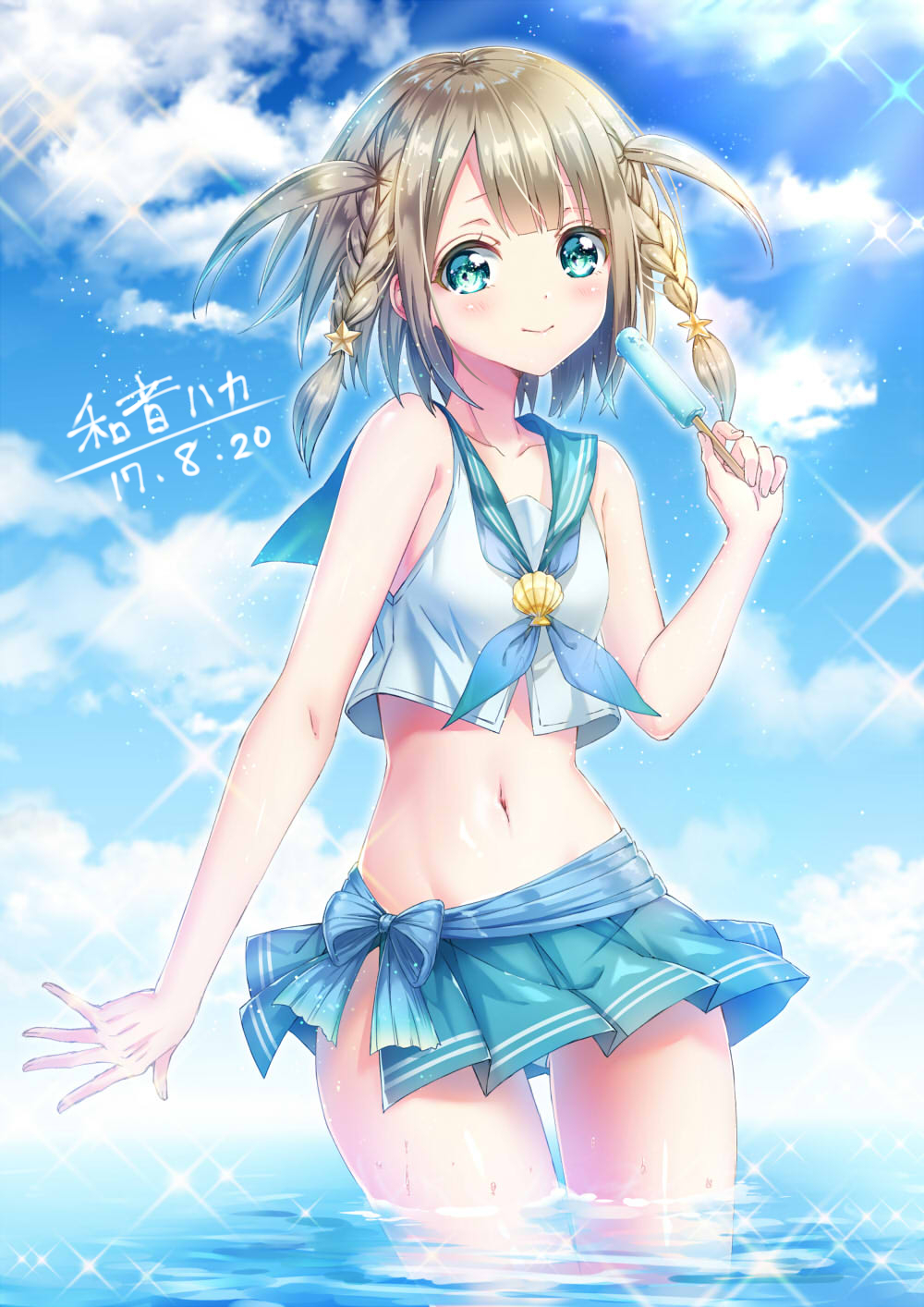 1girl :&gt; artist_name bare_arms bikini_skirt blonde_hair blue_neckerchief blue_sky braid clouds contrapposto dated day food glint green_eyes hair_ornament highres kazunehaka looking_at_viewer midriff navel neckerchief original outdoors popsicle sailor_bikini sailor_collar scallop short_hair sky smile solo sparkle standing star star_hair_ornament twin_braids twintails wading water