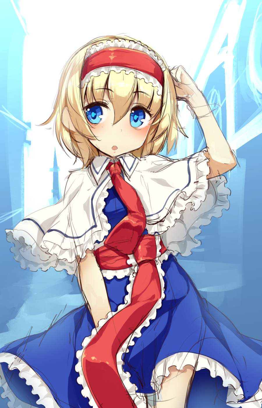 1girl alice_margatroid arm_up bangs blonde_hair blue_eyes capelet cowboy_shot eyebrows_visible_through_hair hair_between_eyes hairband hand_up highres looking_at_viewer necktie open_mouth red_necktie sash short_hair solo touhou usotsuki_penta