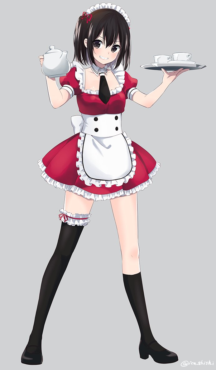 1girl alternate_costume apron black_eyes black_hair black_legwear black_shoes commentary cup detached_collar enmaided full_body grin hair_ornament ica kantai_collection looking_at_viewer maid maid_headdress necktie plate sendai_(kantai_collection) shoes side_ponytail simple_background single_thighhigh smile solo standing teacup teapot thigh-highs twitter_username