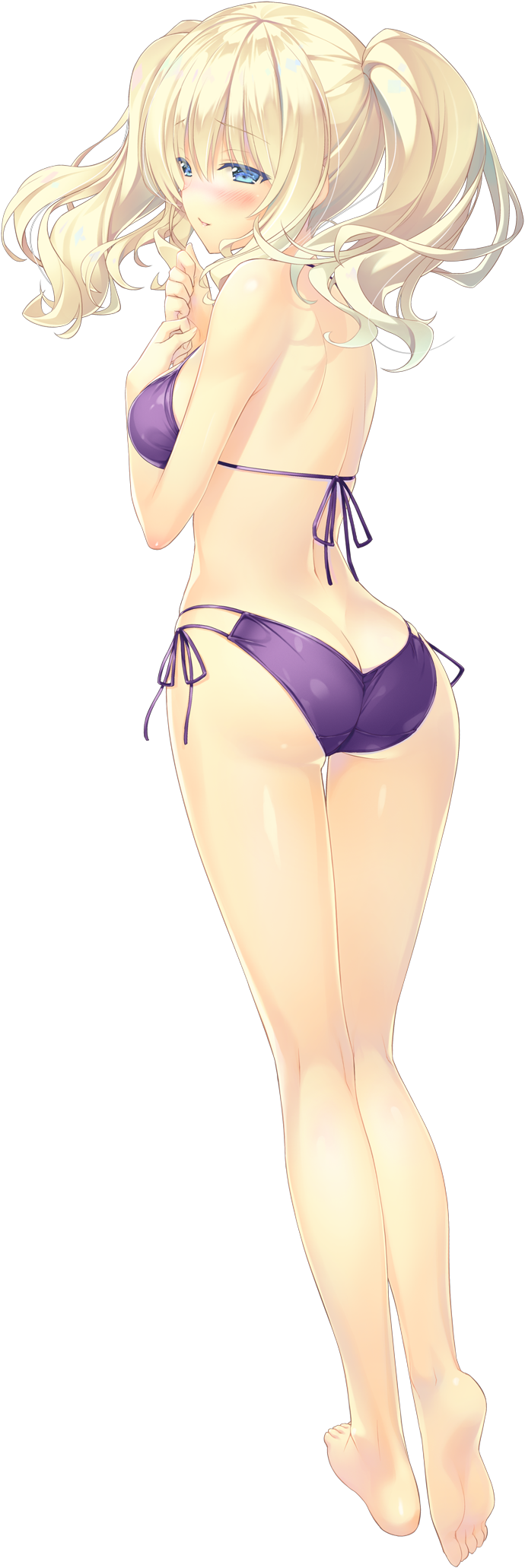 1girl ashishun ass barefoot bikini blonde_hair blue_eyes blush butt_crack full_body highres long_hair looking_back official_art ouchi_ni_kaeru_made_ga_mashimaro_desu purple_bikini raiha_raikkonen side-tie_bikini solo swimsuit transparent_background twintails