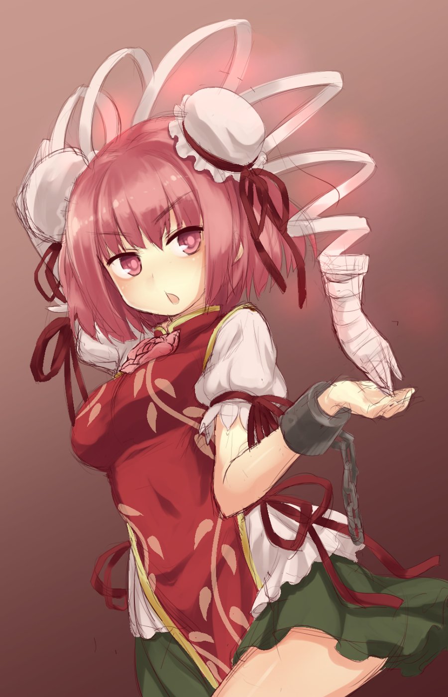 1girl amputee bandage bangs breasts brown_background bun_cover chains cowboy_shot cuffs double_bun eyebrows_visible_through_hair flower gradient gradient_background green_skirt highres ibaraki_kasen looking_at_viewer medium_breasts open_mouth pink_eyes pink_hair shackles short_hair short_sleeves skirt solo tabard touhou usotsuki_penta