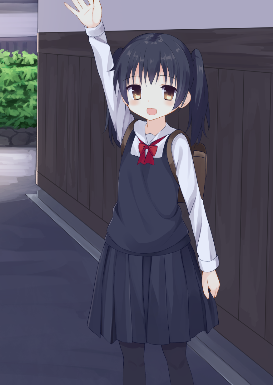 1girl :d arm_up backpack bag bangs black_hair black_legwear blue_skirt blue_sweater blush bow bowtie bush collared_shirt eyebrows_visible_through_hair highres long_hair looking_at_viewer open_mouth original outdoors pantyhose pavement pleated_skirt red_bow red_bowtie road school_bag school_uniform shadow shirt skirt skirt_grab smile solo street sweater sweater_vest twintails usagino_suzu waving white_shirt wooden_wall yellow_eyes