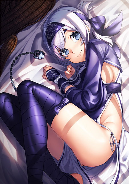 1girl ainu_clothes bandanna black_legwear blue_eyes blush breasts commentary_request eyebrows_visible_through_hair fetal_position folded_ponytail from_above headband kamoi_(kantai_collection) kantai_collection kyon_(fuuran) long_hair long_sleeves looking_at_viewer lying on_side sideboob sidelocks smile solo thick_eyebrows thigh-highs white_hair wrist_guards