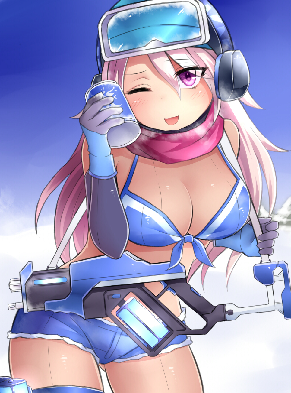 1girl arm_warmers breasts can cleavage collar commentary_request cowboy_shot earmuffs eyebrows_visible_through_hair front-tie_bikini front-tie_top gloves goggles goggles_on_head gun hair_between_eyes helmet highres holding holding_can large_breasts long_hair looking_at_viewer neit_ni_sei one_eye_closed open_mouth original pink_hair scarf shadow shiny shiny_skin short_shorts shorts ski_goggles sling smile snow solo thigh-highs violet_eyes weapon