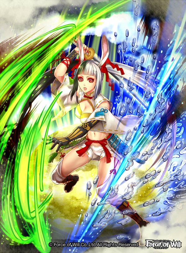 1girl animal_ears black_hair breasts cleavage copyright_name force_of_will gloves japanese_clothes katana multicolored_hair navel official_art rabbit_ears red_eyes sandals solo sword thigh-highs tomida_tomomi twintails two-tone_hair water weapon white_hair