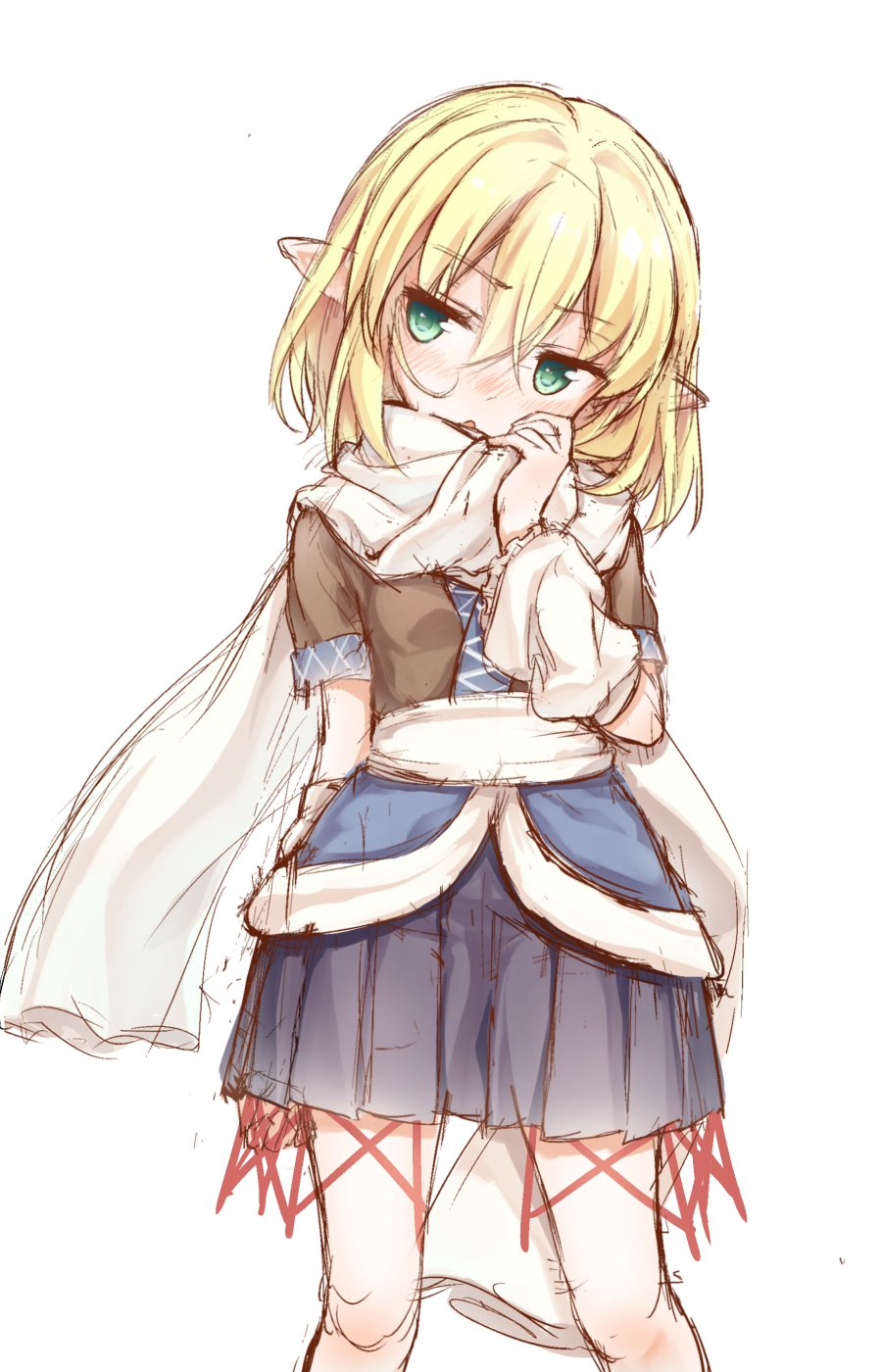 1girl arm_behind_back bangs blonde_hair blue_skirt blush cowboy_shot eyebrows_visible_through_hair green_eyes hair_between_eyes hand_up highres looking_to_the_side mizuhashi_parsee nose_blush open_mouth pleated_skirt pointy_ears scarf short_hair short_sleeves simple_background skirt solo standing touhou usotsuki_penta white_background white_scarf