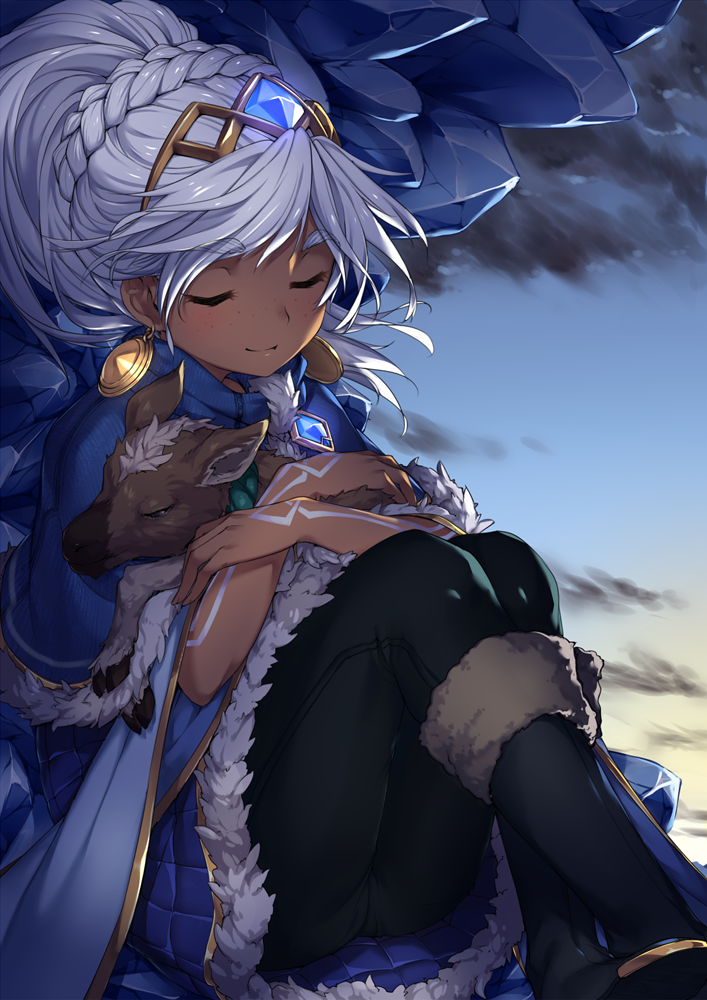 1girl black_legwear black_pants blush boots braid capelet closed_eyes closed_mouth clouds dark_skin earrings eyebrows_visible_through_hair freckles french_braid full_body gem goat hair_ornament hug ice jewelry league_of_legends long_hair niranome outdoors pants ponytail sky sleeping smile taliyah white_hair winter_clothes