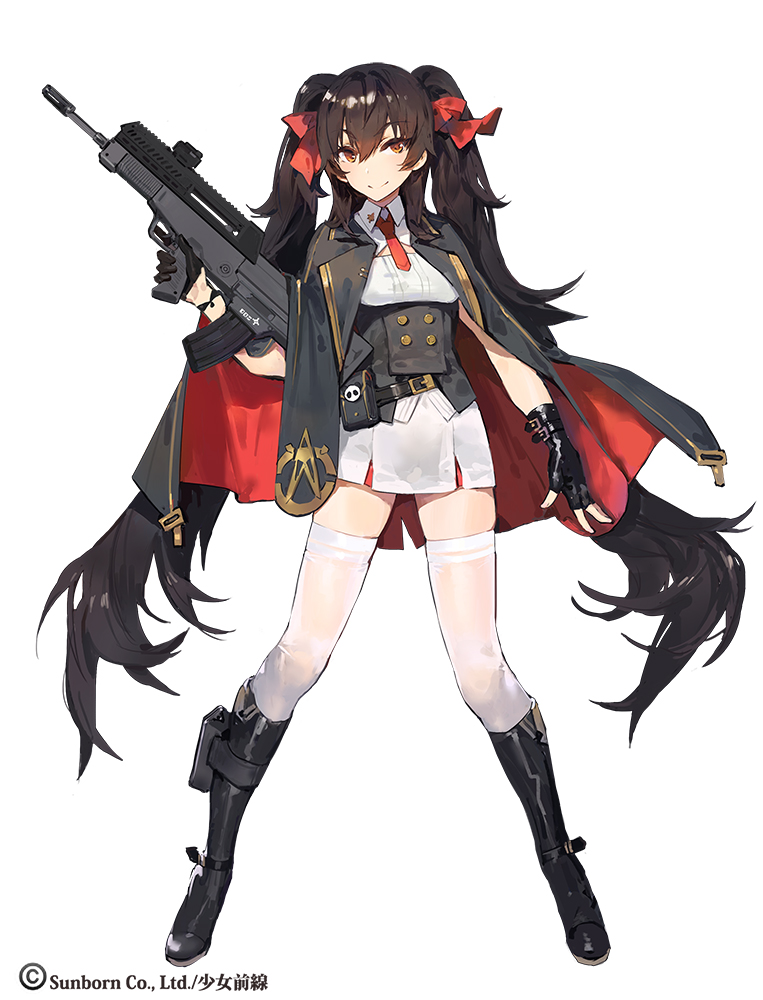 1girl belt black_gloves black_hair boots brown_eyes buttons cape closed_mouth eyebrows eyebrows_visible_through_hair fingerless_gloves full_body girls_frontline gloves gun hair_between_eyes hair_ribbon holding holding_gun holding_weapon holster kishiyo long_hair looking_at_viewer necktie official_art pleated_skirt qbz-97 qbz-97_(girls_frontline) red_ribbon ribbon skirt smile solo standing strap thigh-highs transparent_background trigger_discipline twintails very_long_hair weapon white_legwear