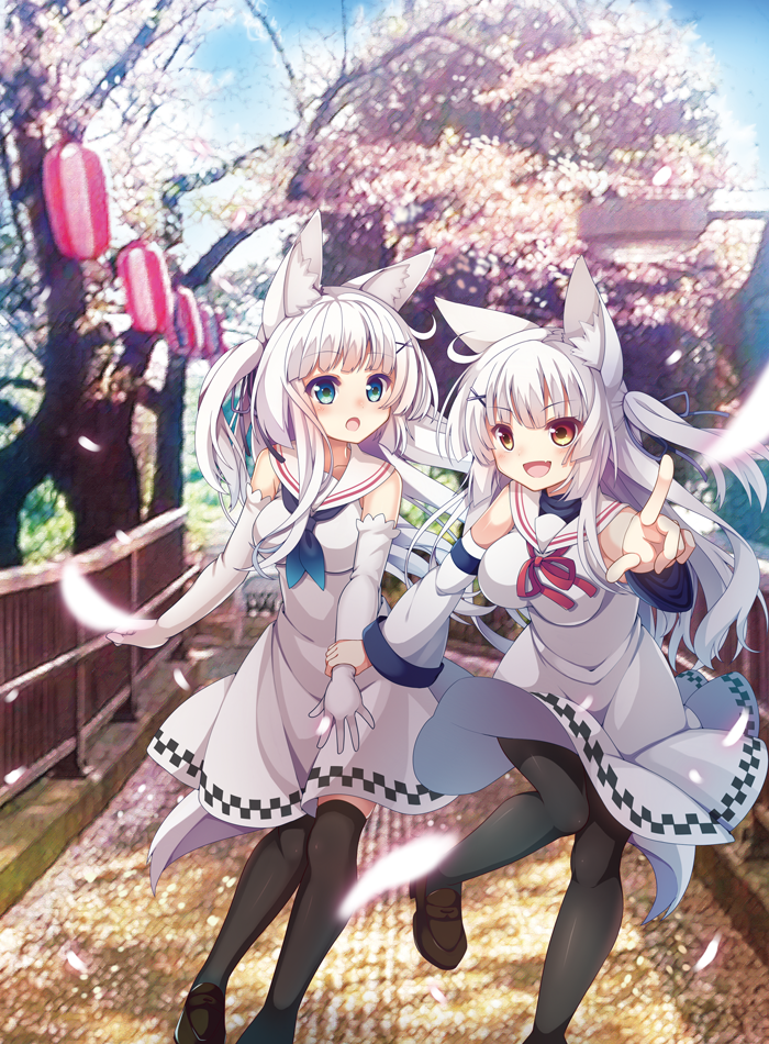 2girls animal_ears blue_eyes detached_sleeves dress elbow_gloves fang fox_ears fox_tail gloves long_hair looking_at_another multiple_girls one_side_up open_mouth original outdoors over-kneehighs pantyhose petals red_eyes tail thigh-highs white_dress white_hair yatsuki_yura