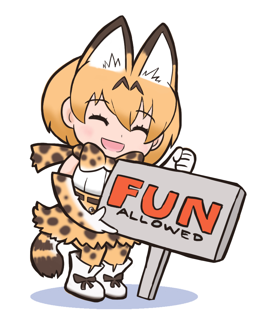 animal_ears bow bowtie english fur_collar gloves kemono_friends multicolored_hair parody serval_(kemono_friends) serval_ears serval_print serval_tail sign tail two-tone_hair