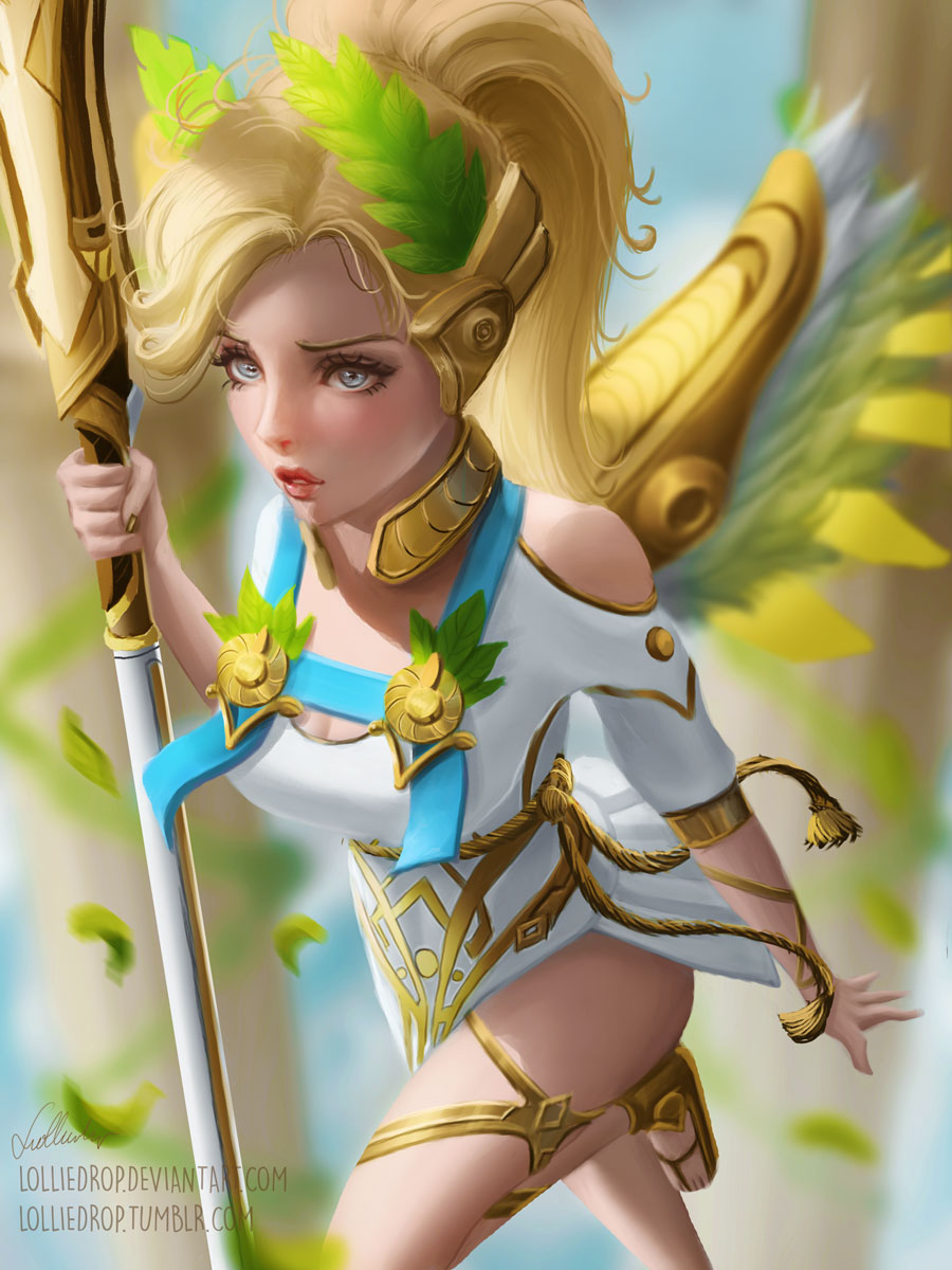 1girl alternate_costume blonde_hair blue_eyes breasts cleavage column dress head_wreath high_ponytail highres holding holding_staff laurel_crown lips lolliedrop mechanical_wings medium_breasts mercy_(overwatch) nose overwatch parted_lips pelvic_curtain pillar pink_lips short_hair short_sleeves solo staff toga white_dress winged_victory_mercy wings