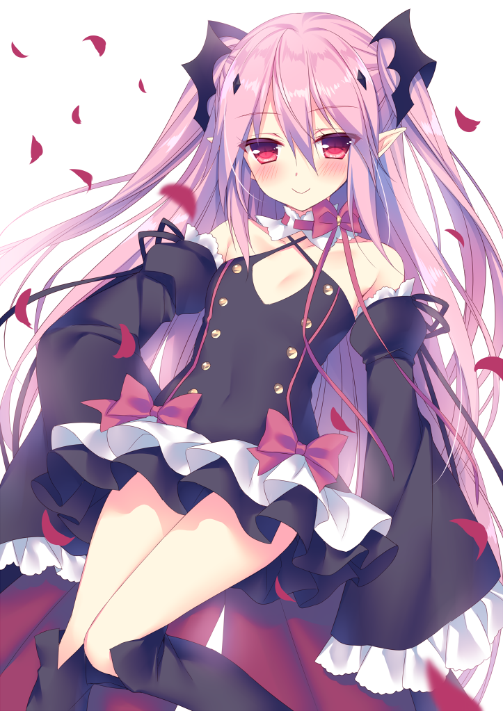 1girl bare_shoulders black_legwear boots detached_sleeves dress fang krul_tepes long_hair looking_at_viewer owari_no_seraph pink_hair pointy_ears red_eyes smile solo sorai_shin'ya thigh-highs vampire