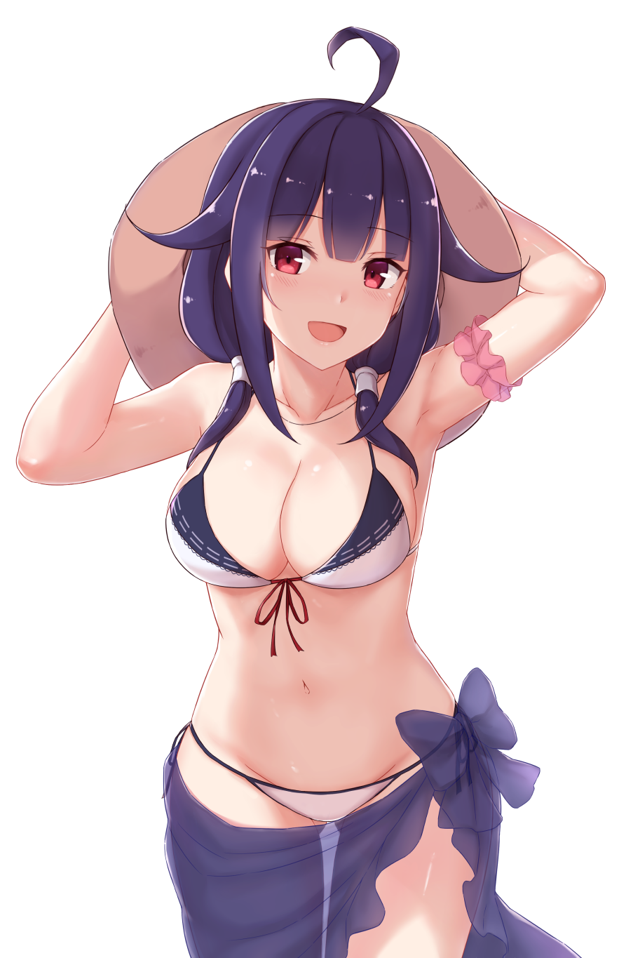1girl ahoge armpits arms_up bangs bikini blush breasts cai_geng cleavage collarbone commentary_request eyebrows_visible_through_hair front-tie_top gluteal_fold hair_flaps hat highres kantai_collection medium_breasts navel open_mouth purple_hair red_eyes sarong see-through simple_background solo standing swimsuit taigei_(kantai_collection) white_background white_bikini